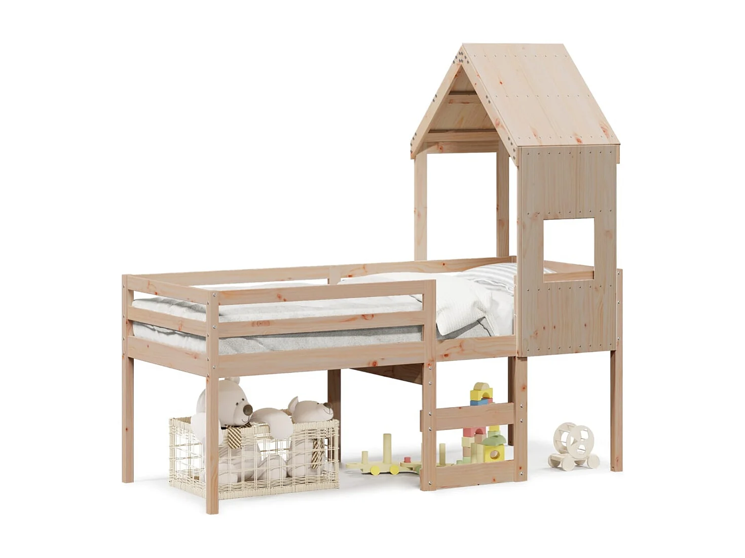 Hochbett mit Dach 75x190 cm Massivholz Kiefer