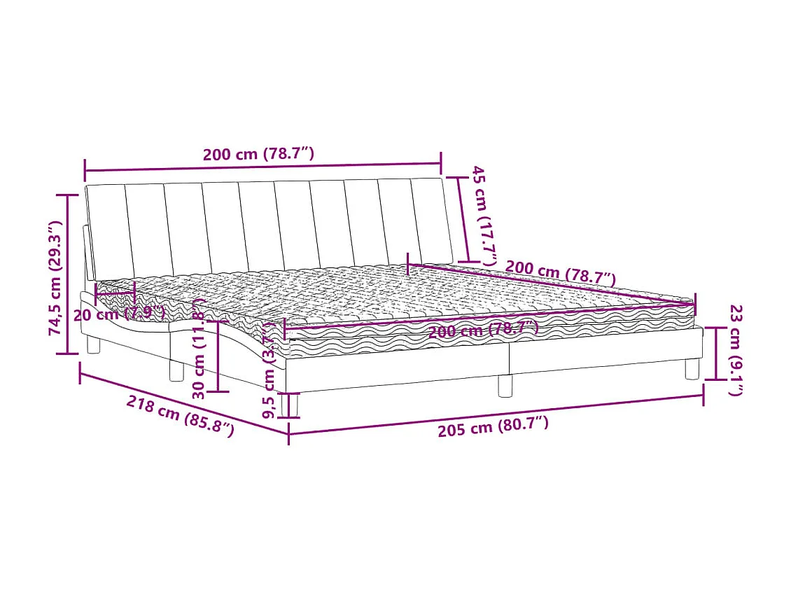 Lit avec matelas Hanko noir 200x200 cm velours