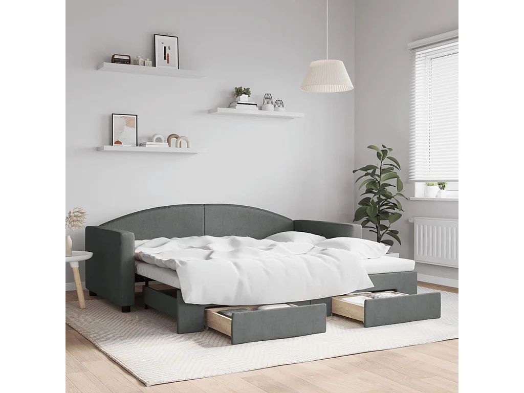 Tagesbett Ausziehbar mit Schubladen Dunkelgrau 90x190 cm Stoff