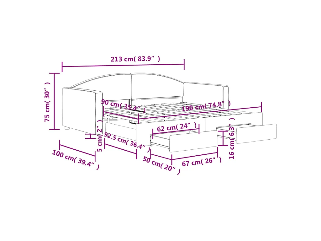 Slaapbank onderschuifbed en lades 90x190 cm stof donkergrijs