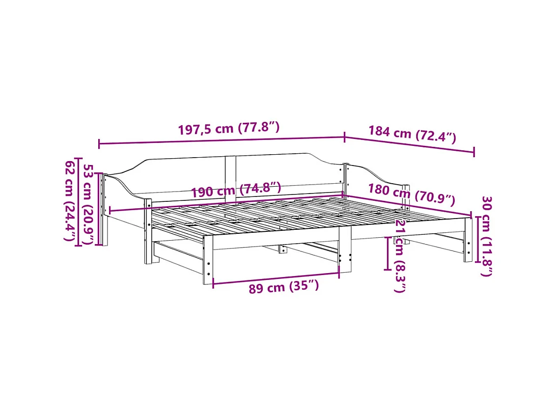Slaapbank met onderschuifbed 90x190 cm massief grenenhout