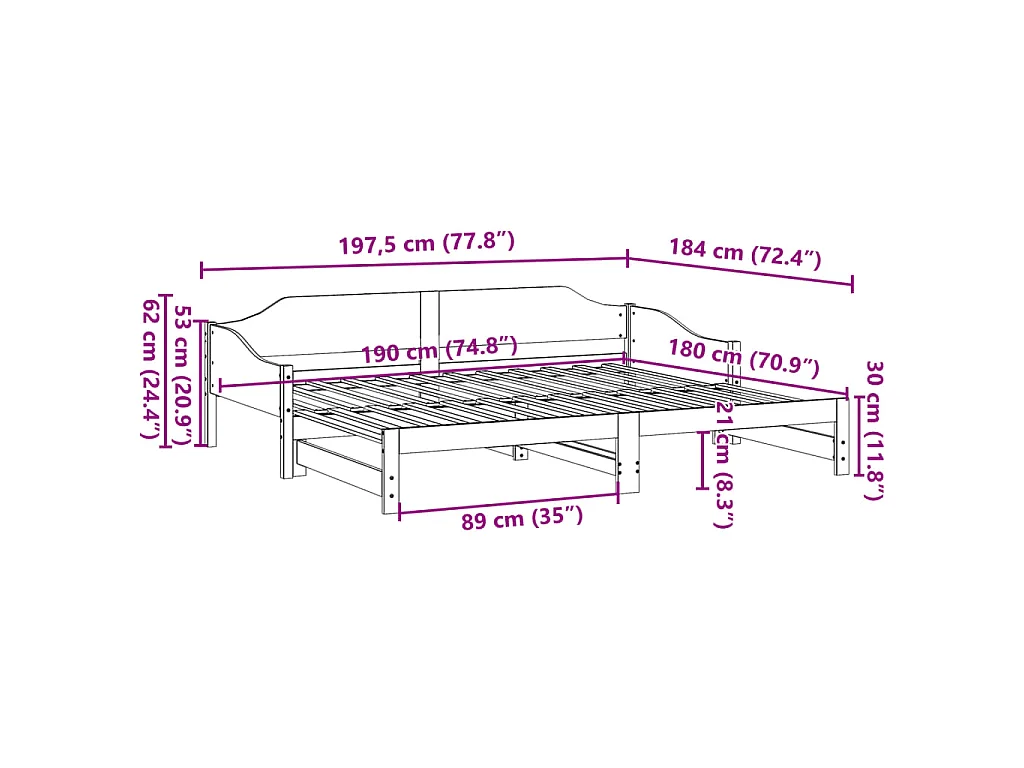 Lit de jour et lit gigogne sans matelas 90x190 cm bois massif