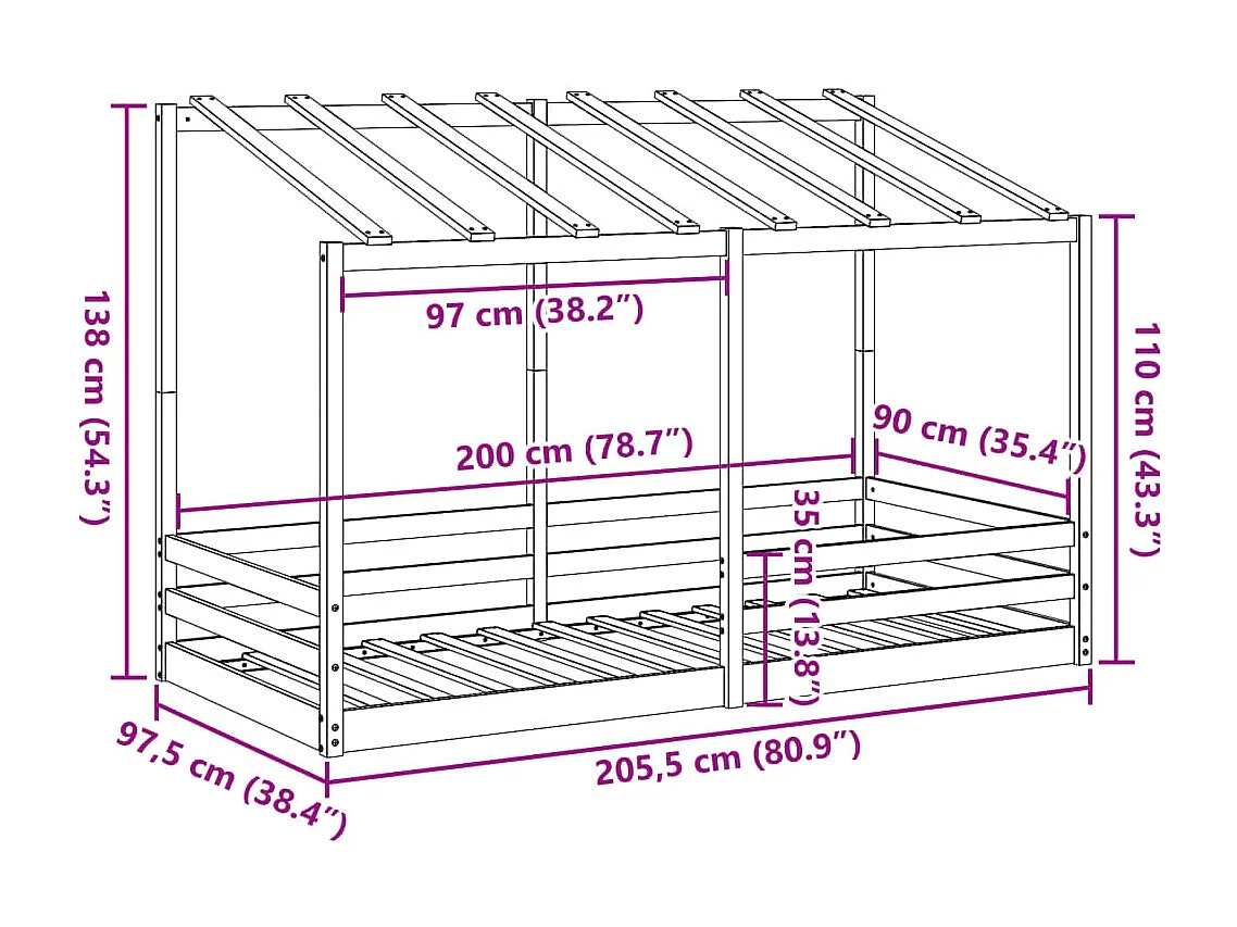 Lit pour enfants sans matelas 90x200 cm bois pin massif