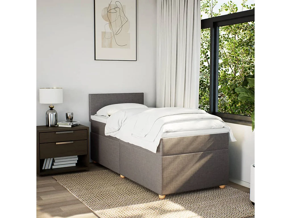 Cama box spring con colchón tela gris taupe 90x200 cm
