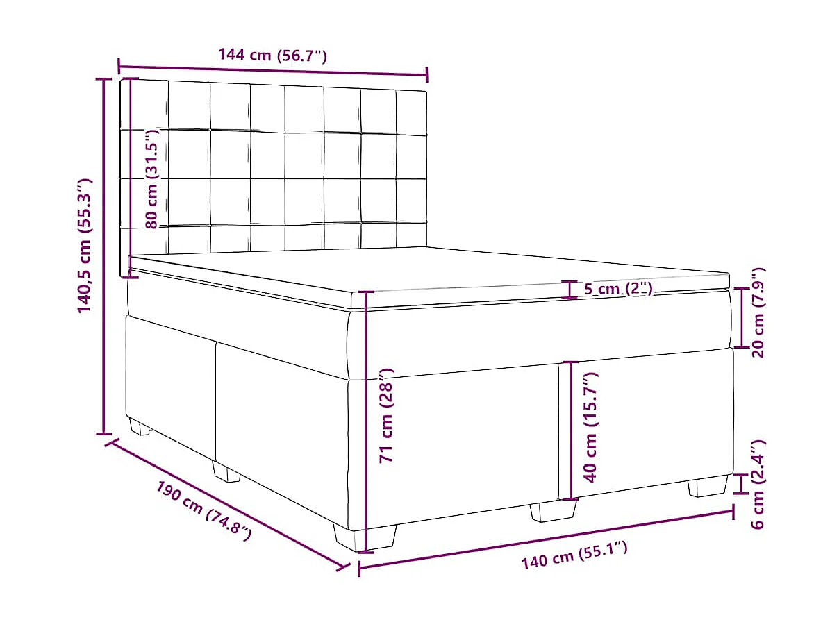 Sommier à lattes de lit et matelas bleu 140x190 cm velours