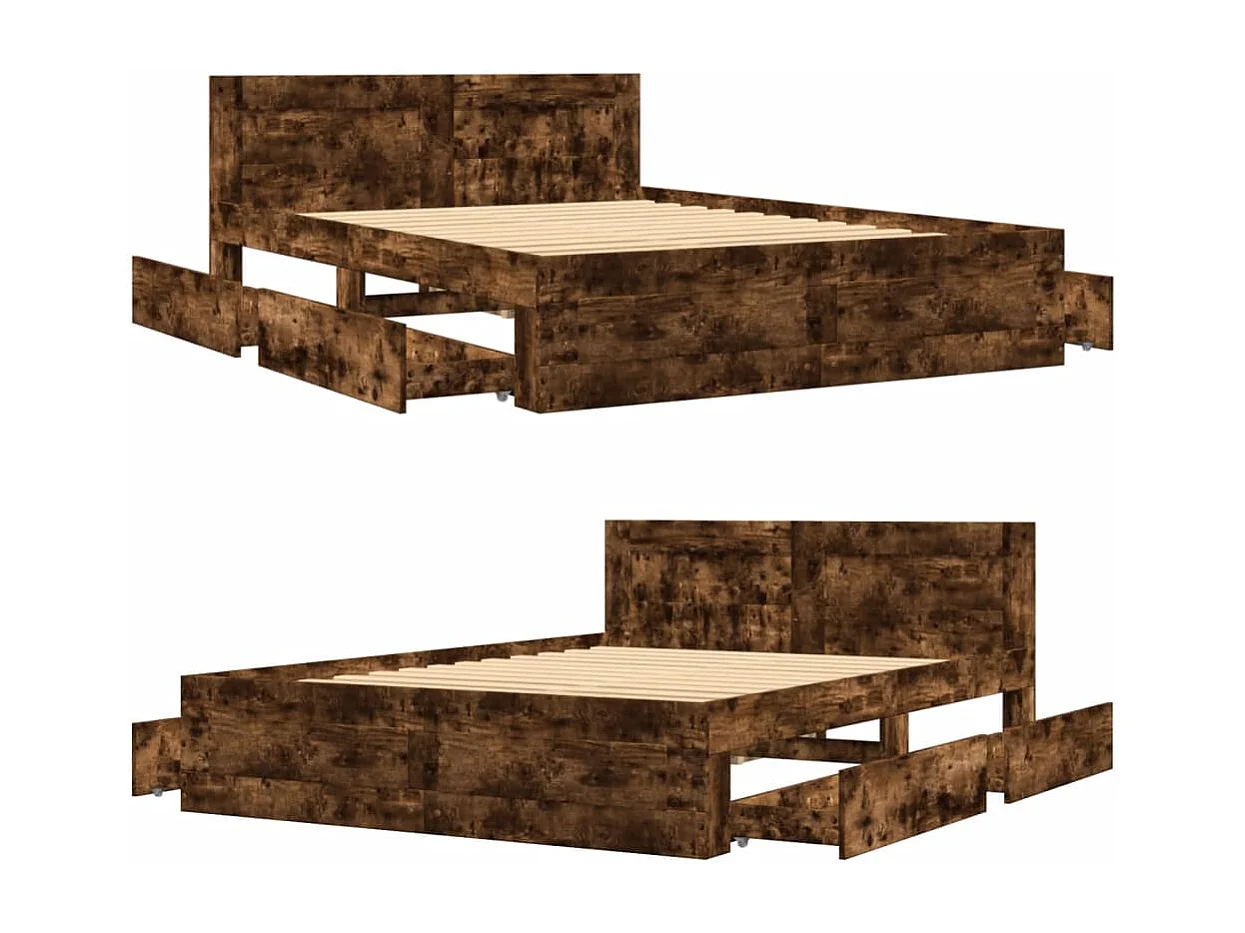 Bedframe met hoofdeinde bewerkt hout gerookt eiken 120x190 cm