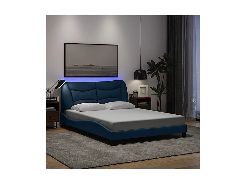 Cadre de lit avec LED sans matelas Hvar bleu 140x190 cm tissu