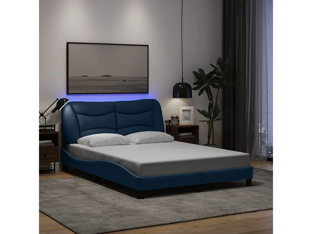 Estrutura de cama com LED sem colchão Hvar 140x190 cm tecido azul