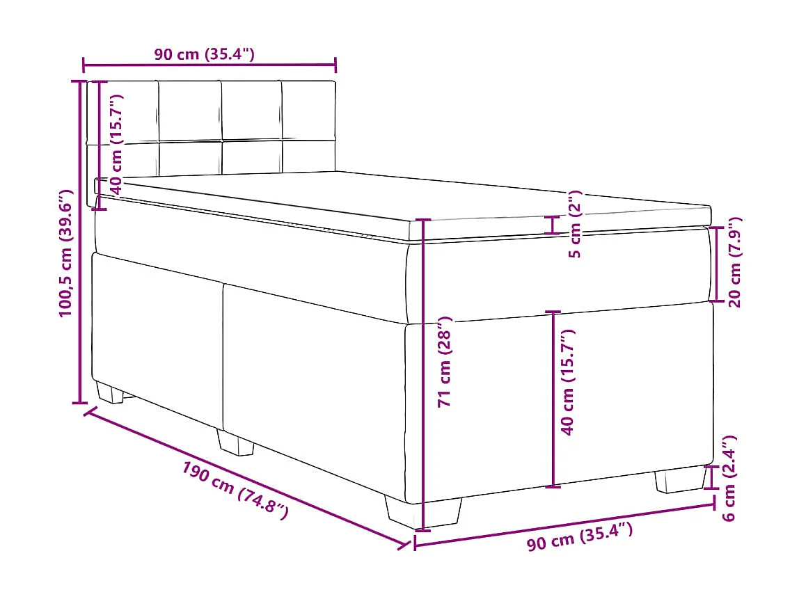 Cama box spring con colchón terciopelo gris oscuro 90x190 cm