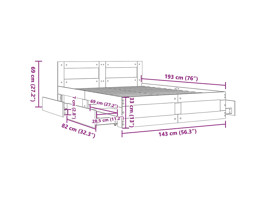 Bedframe met hoofdeinde bewerkt hout gerookt eiken 140x190 cm
