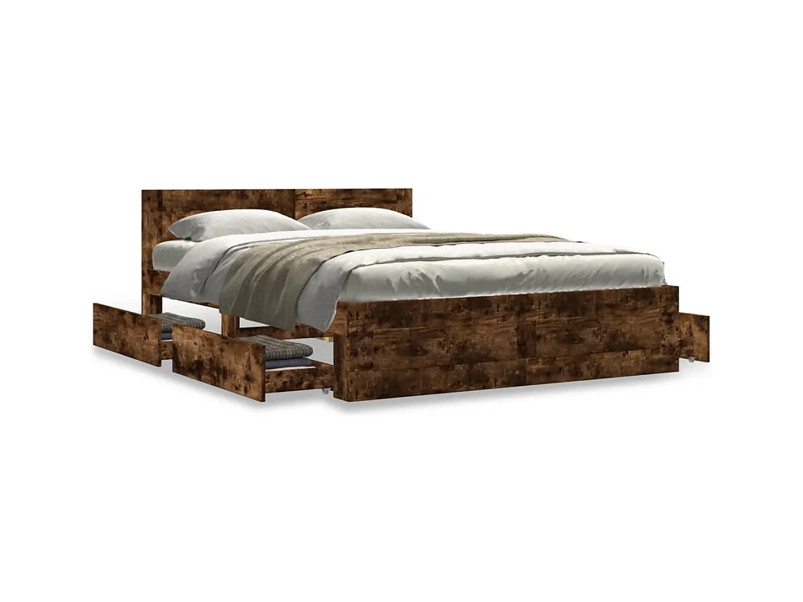 Bedframe met hoofdeinde bewerkt hout gerookt eiken 140x190 cm
