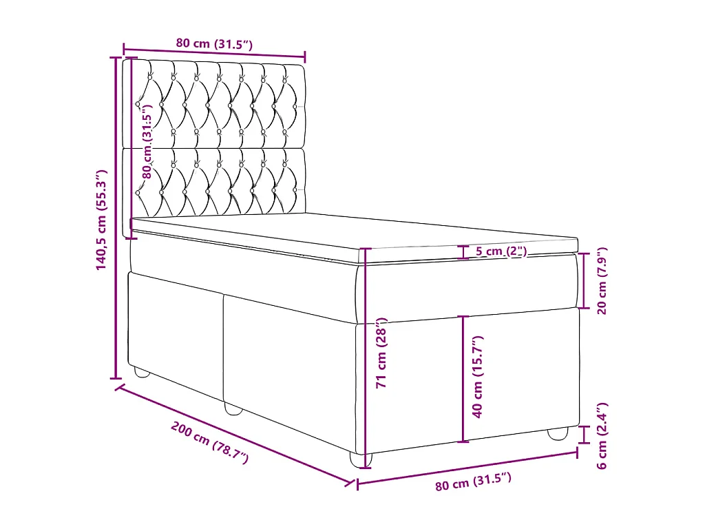 Cama box spring con colchón tela marrón oscuro 80x200 cm