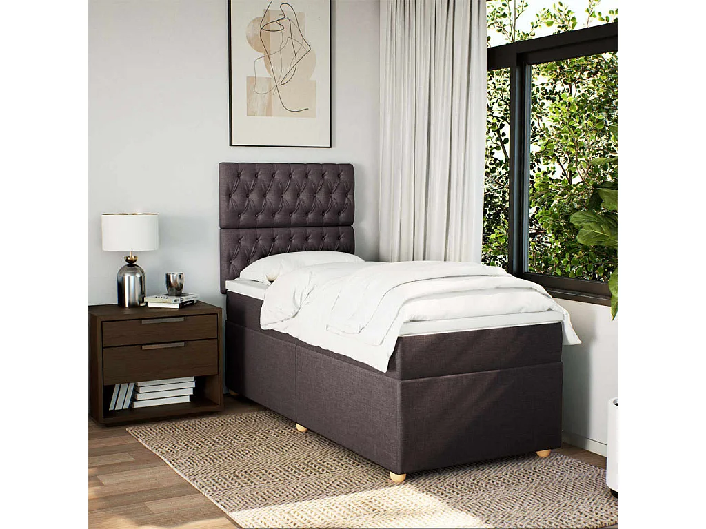 Cama box spring con colchón tela marrón oscuro 80x200 cm