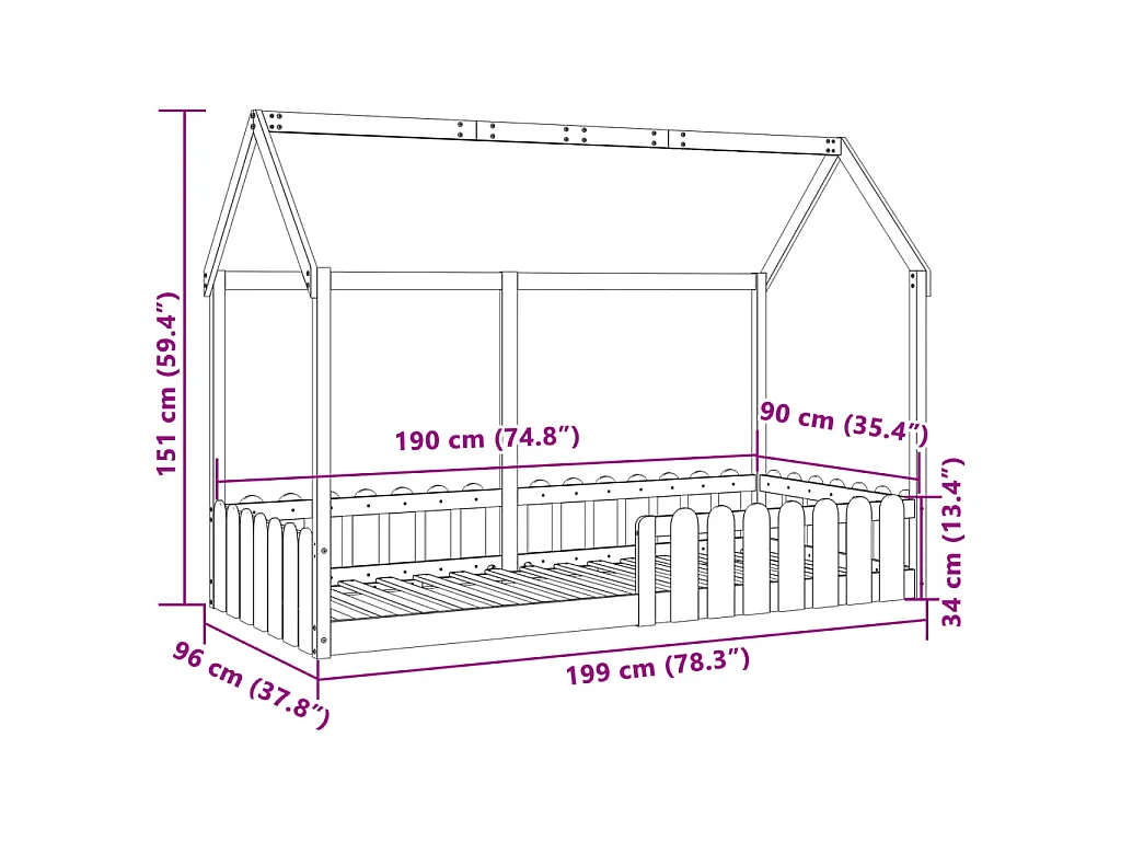 Cadre de lit d'enfants forme de maison sans matelas 90x190 cm