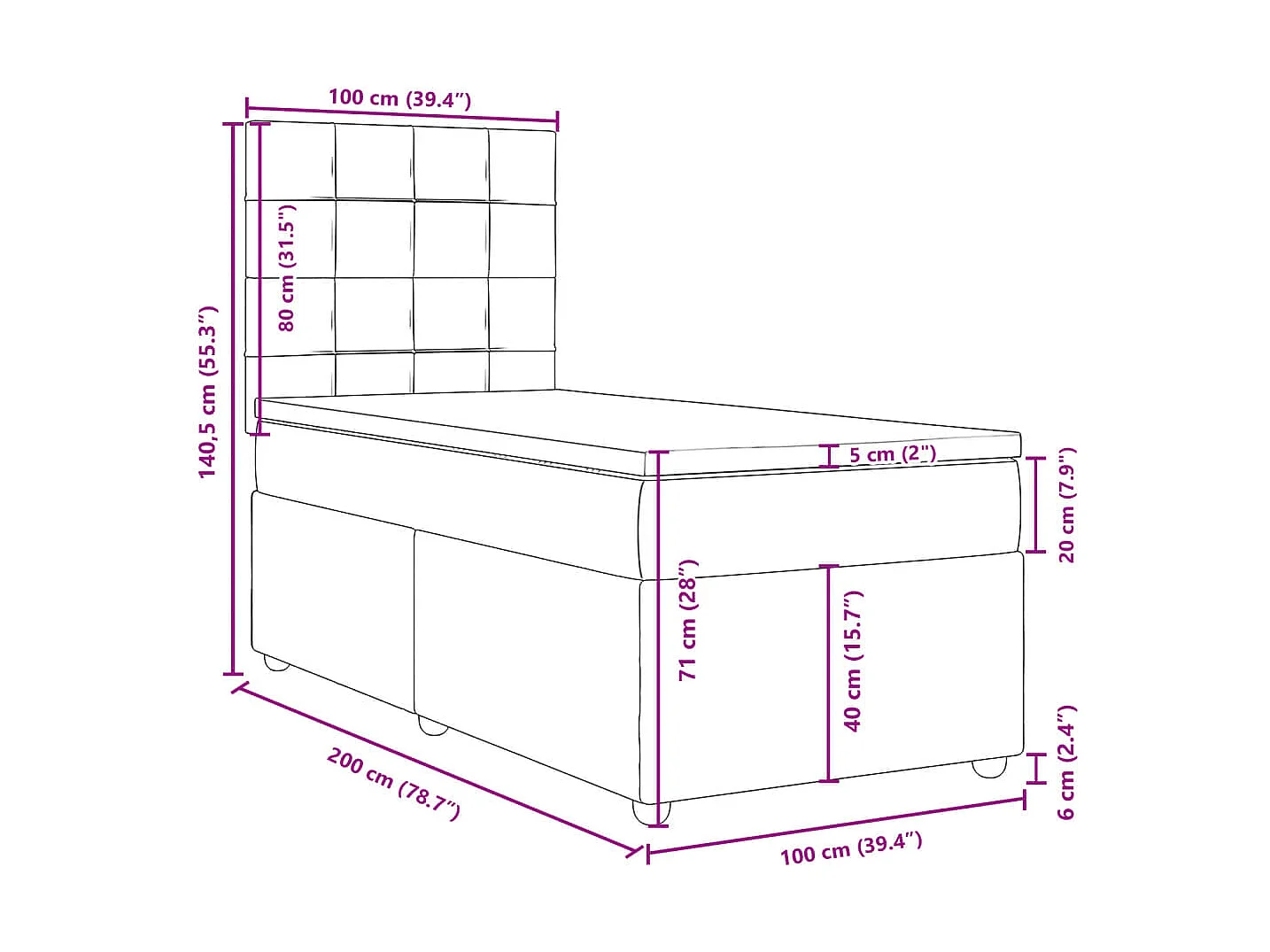 Sommier à lattes de lit avec matelas Gris foncé 100x200cm Tissu