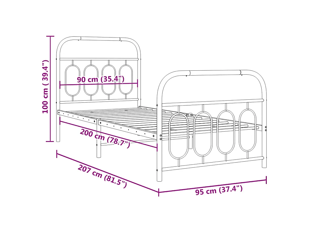 Estrutura de cama com cabeceira e pés 90x200 cm metal preto