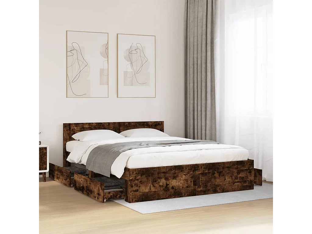 Bedframe met hoofdeinde bewerkt hout gerookt eiken 160x200 cm