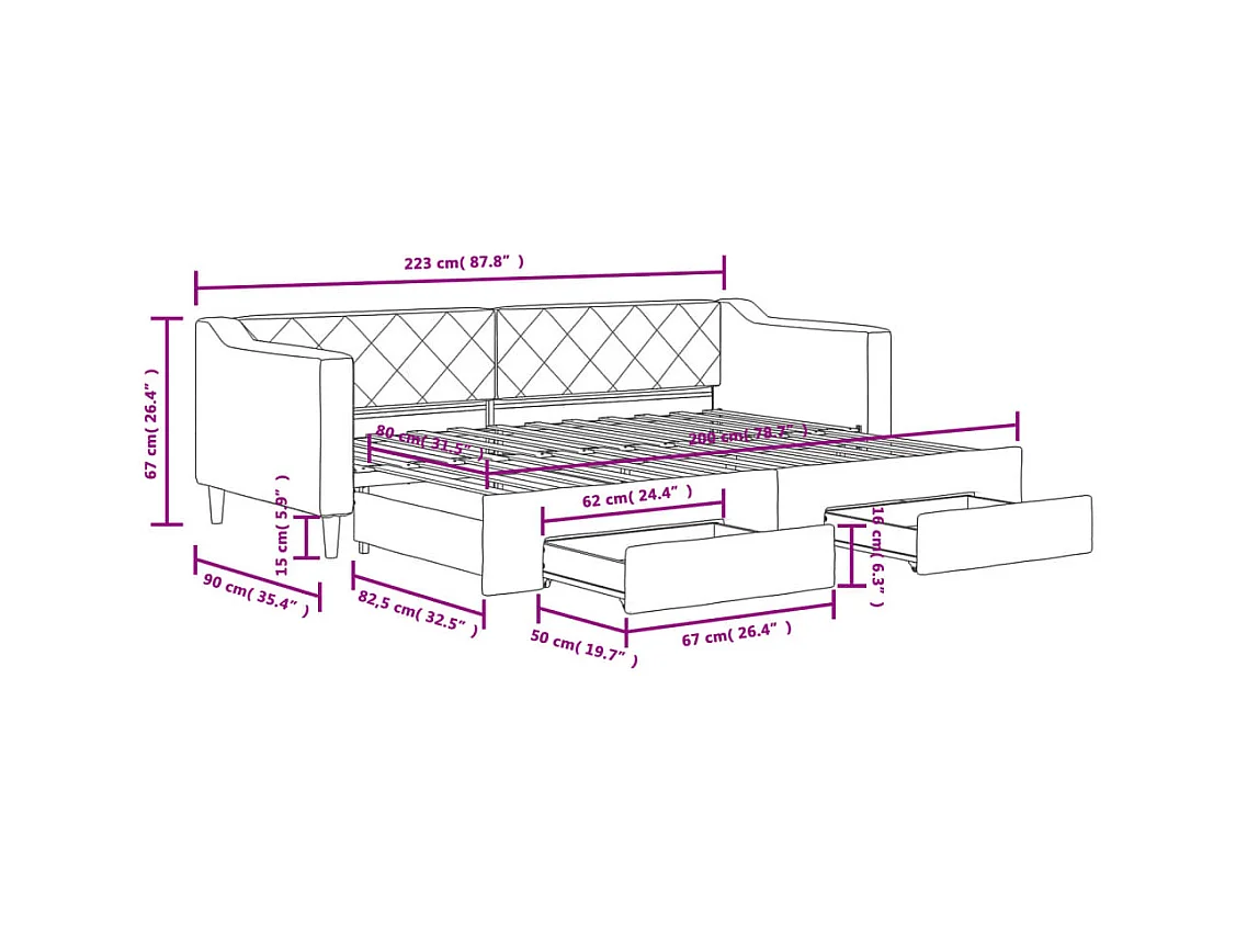 Lit de jour avec gigogne et tiroirs sans matelas 80x200 cm