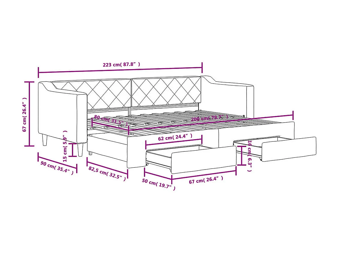 Tagesbett Ausziehbar mit Schubladen Dunkelgrau 80x200 cm Stoff