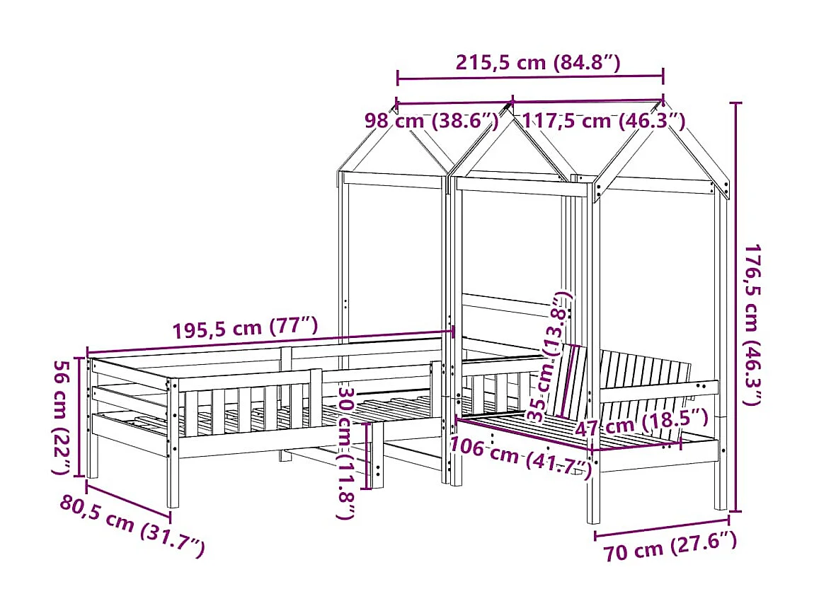Ensemble de lit et de banc avec toit sans matelas 75x190 cm