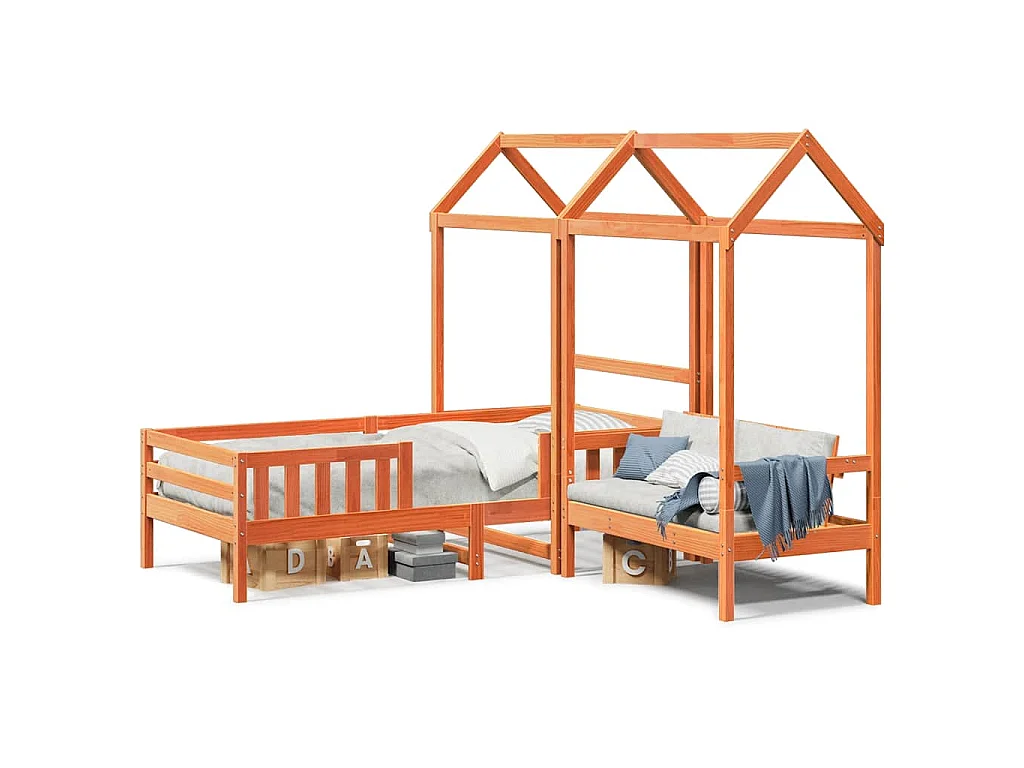 Kinderbed met dak massief grenenhout wasbruin 75x190 cm