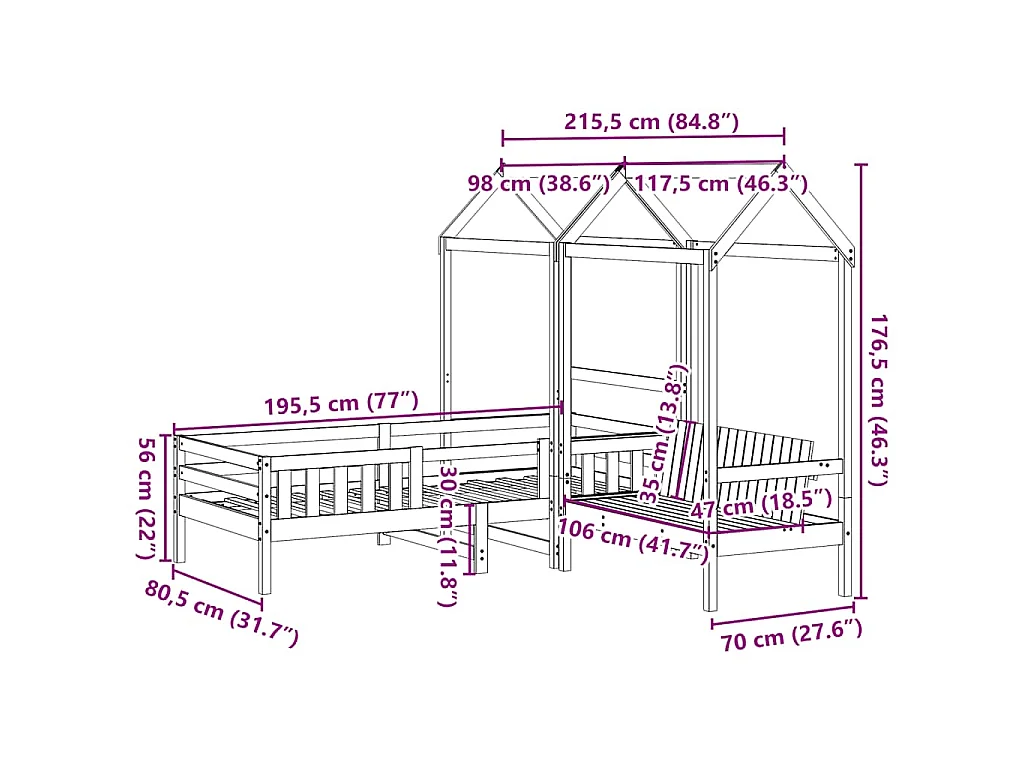 Kinderbed met dak massief grenenhout wasbruin 75x190 cm