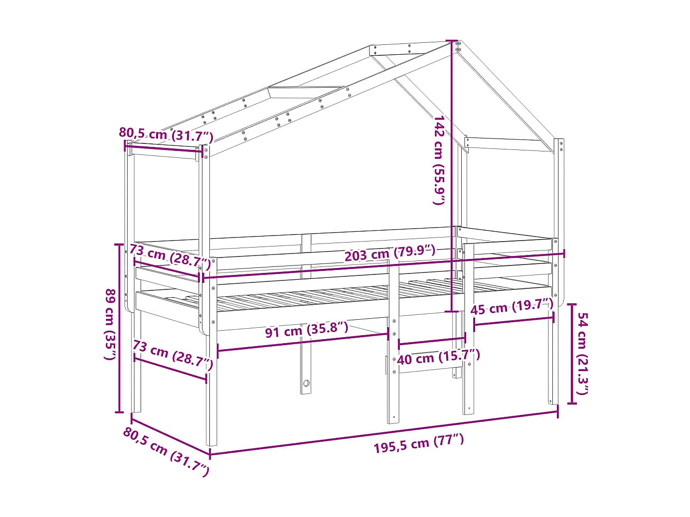 Hochbett mit Dach 75x190 cm Massivholz Kiefer