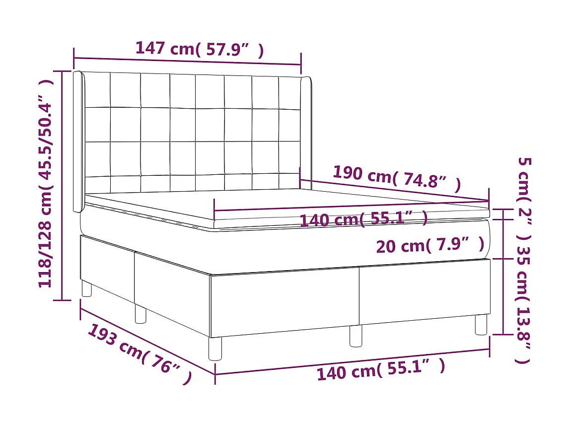 Sommier à lattes de lit matelas et LED Taupe 140x190 cm Tissu