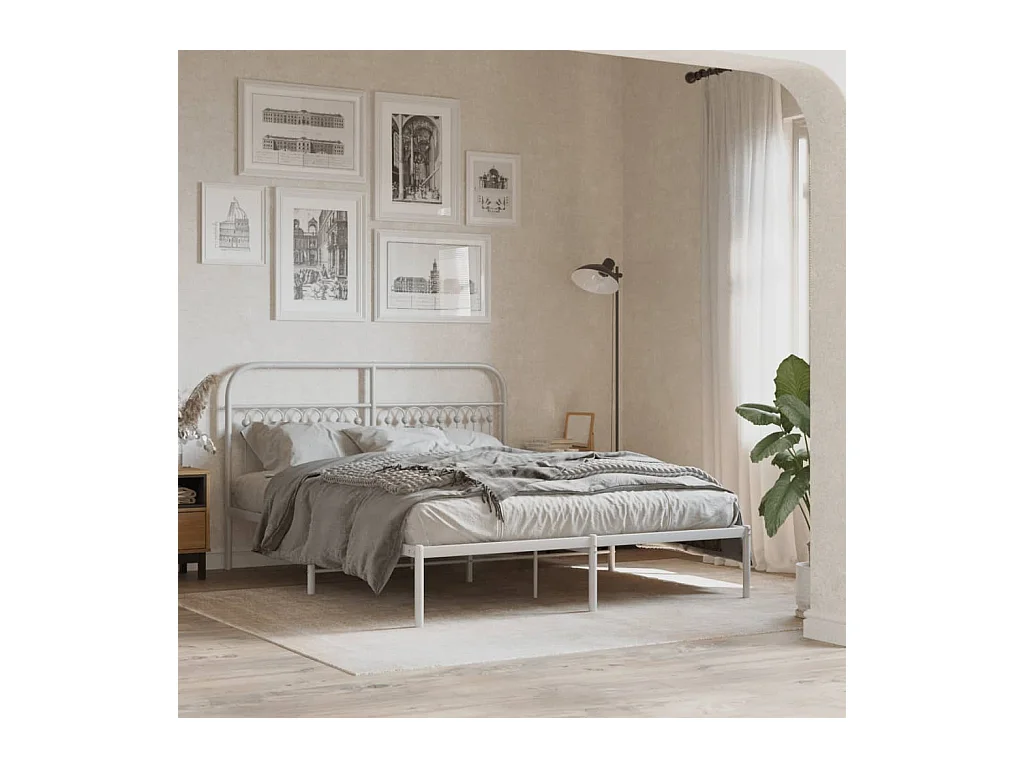 Cadre de lit métal sans matelas et tête de lit blanc 150x200 cm