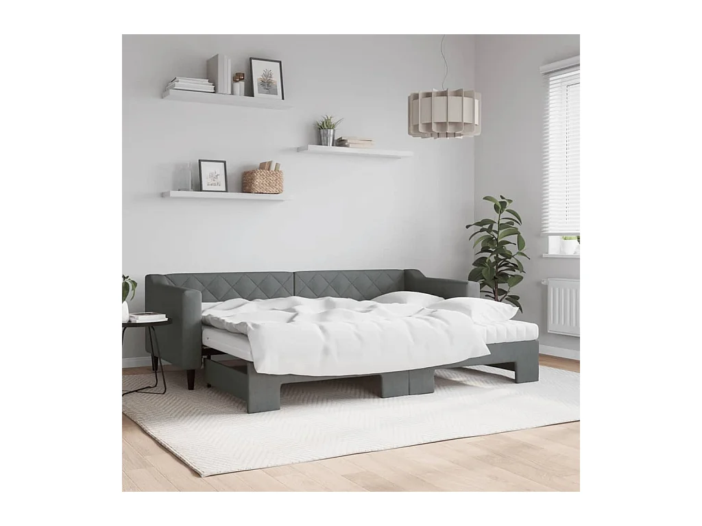 Lit de jour avec gigogne et matelas gris foncé 80x200 cm tissu