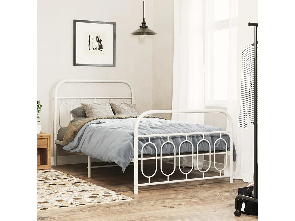 Cadre de lit métal sans matelas et pied de lit blanc 100x190 cm