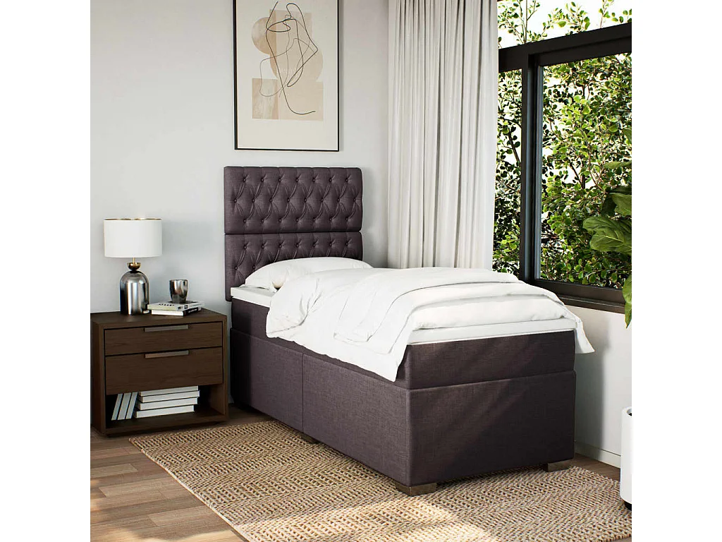 Cama box spring con colchón tela marrón oscuro 80x200 cm