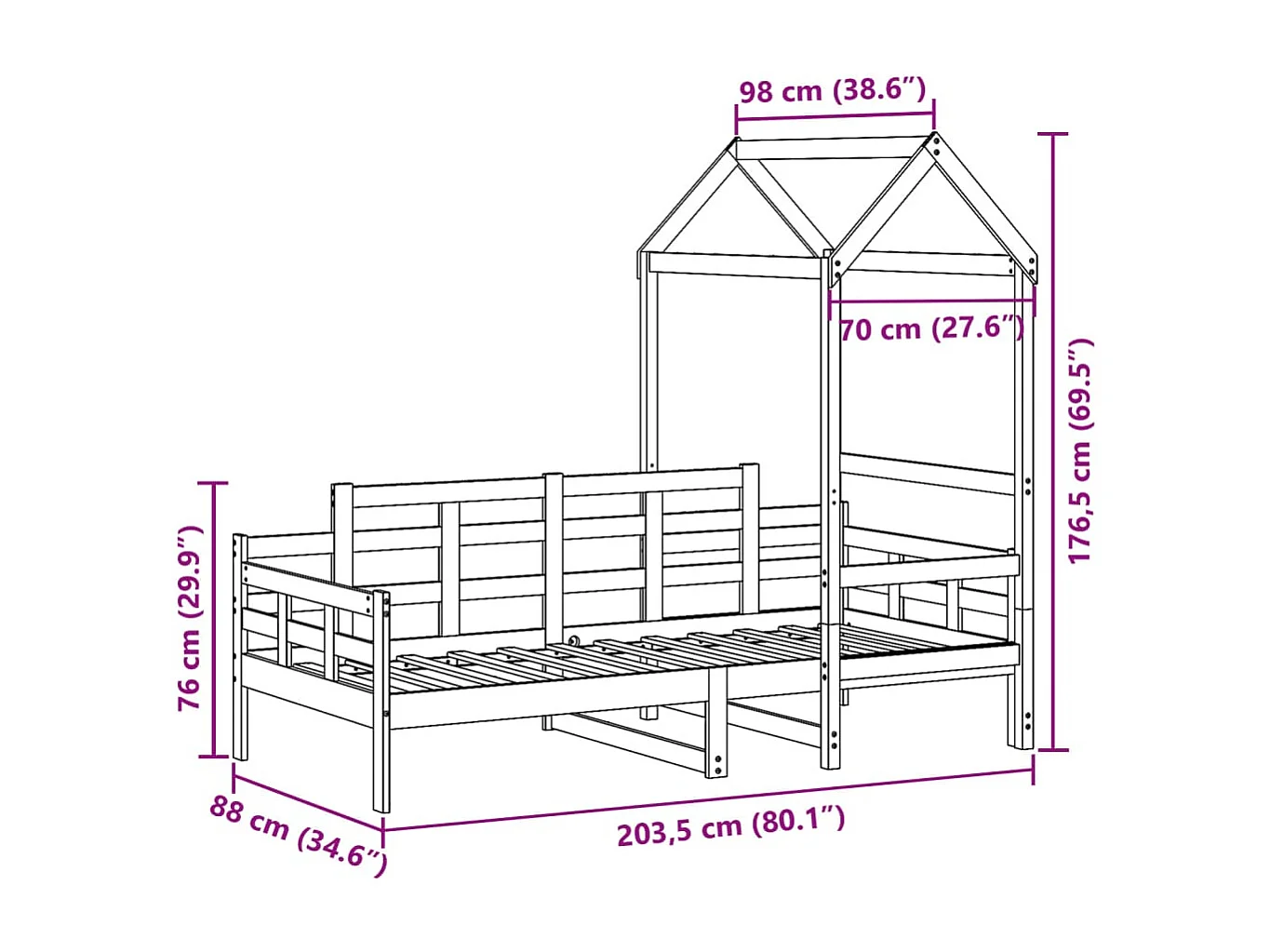 Lit de jour avec toit sans matelas blanc 80x200 cm bois massif