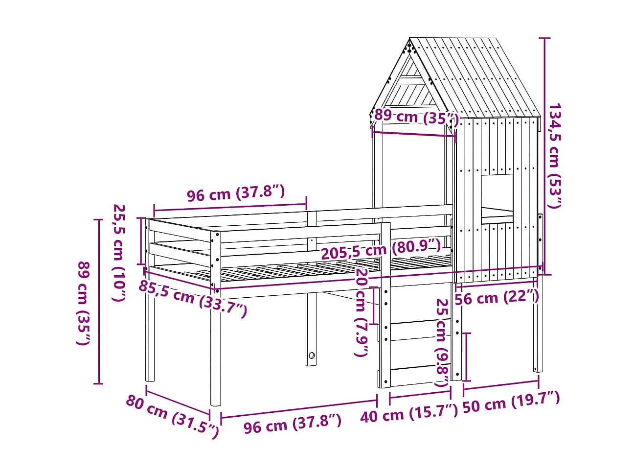 Hochbett mit Dach Wachsbraun 80x200 cm Massivholz Kiefer