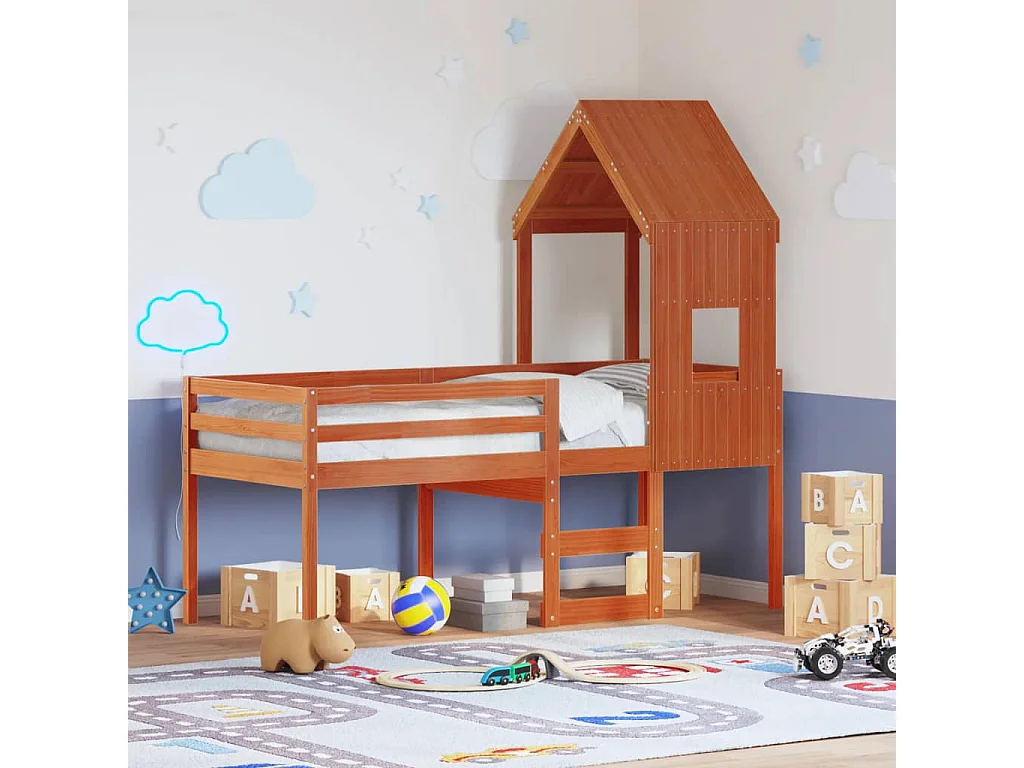 Hochbett mit Dach Wachsbraun 80x200 cm Massivholz Kiefer