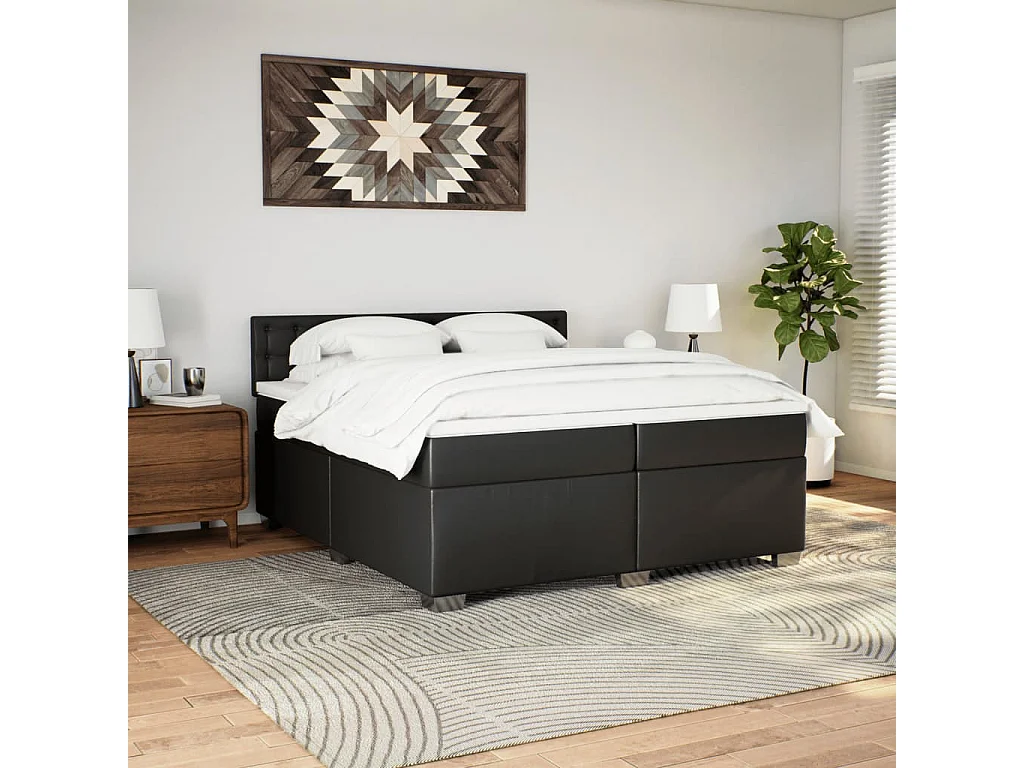 Cama com molas/colchão 200x200 cm couro artificial preto