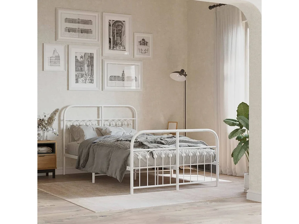 Cadre de lit métal sans matelas et pied de lit blanc 120x190 cm