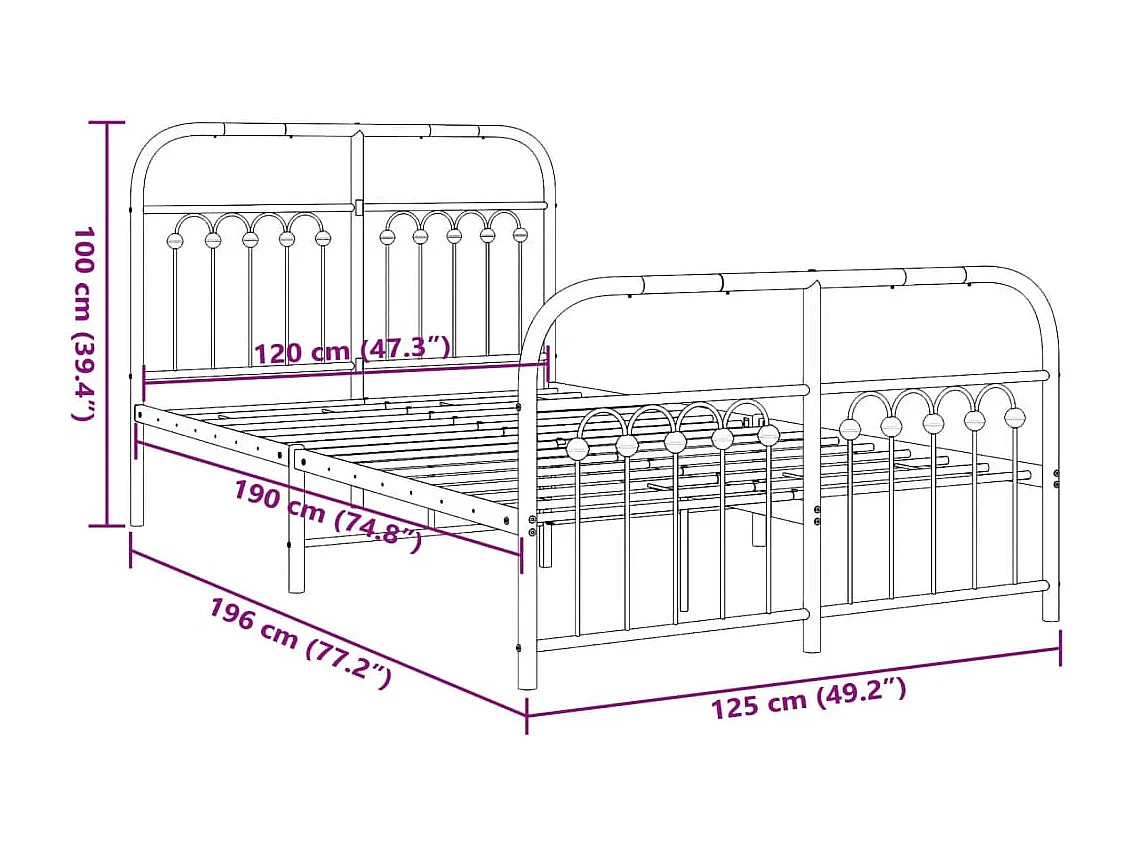 Cadre de lit métal sans matelas et pied de lit blanc 120x190 cm