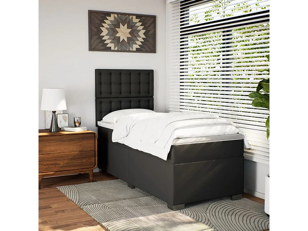 Cama box spring con colchón cuero sintético negro 100x200 cm