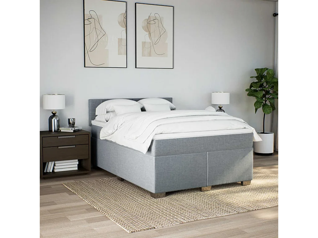 Cama box spring con colchón tela gris claro 140x200 cm