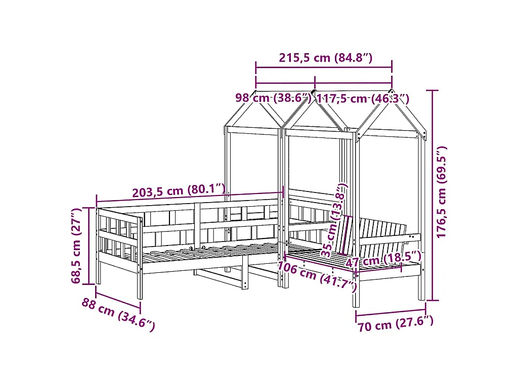 Ensemble de lit de jour avec toit sans matelas 80x200 cm
