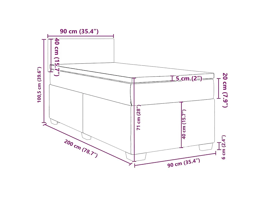 Cama box spring con colchón terciopelo azul oscuro 90x200 cm