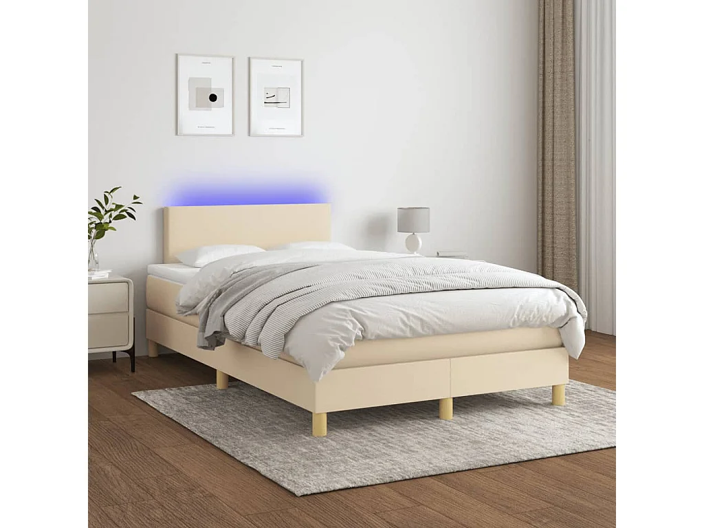 Cama box spring con colchón y luces LED tela crema 120x190 cm