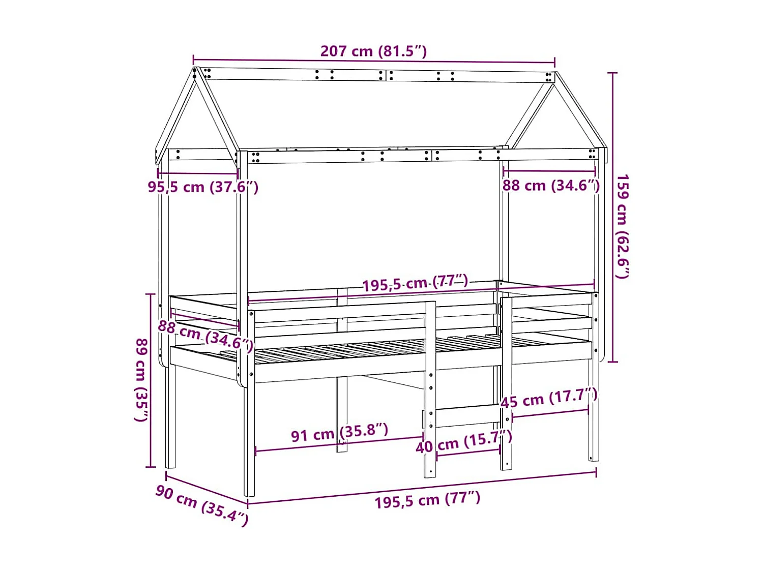 Lit haut sans matelas blanc 90x190 cm bois de pin massif