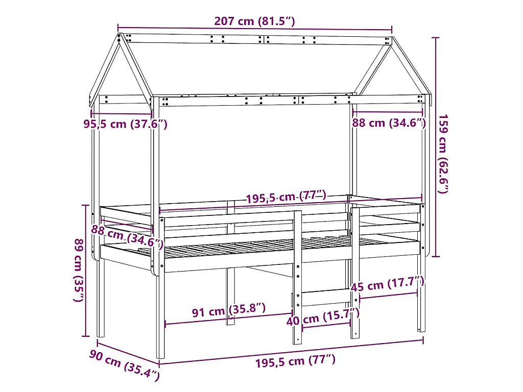 Lit haut sans matelas blanc 90x190 cm bois de pin massif