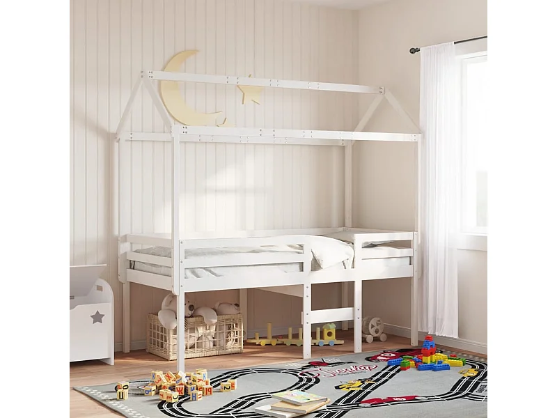 Letto a Soppalco con Tetto Bianco 90x190 cm in Legno di Pino