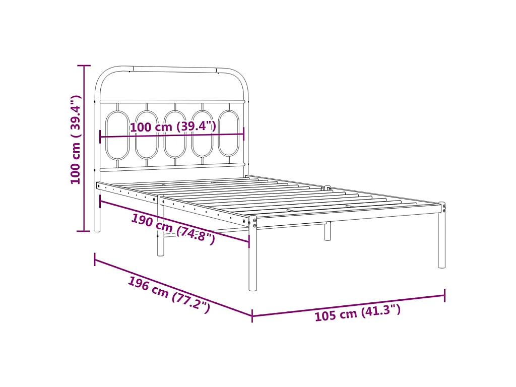 Cadre de lit métal sans matelas avec tête de lit noir 100x190cm