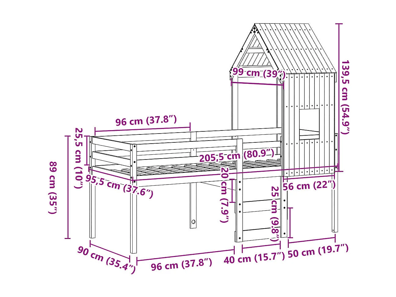 Letto a Soppalco con Tetto Bianco 90x200 cm in Legno di Pino