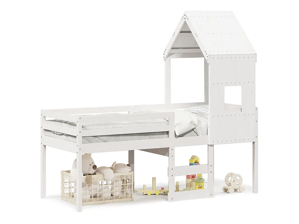 Cama alta con techo blanca madera maciza pino blanca 90x200 cm