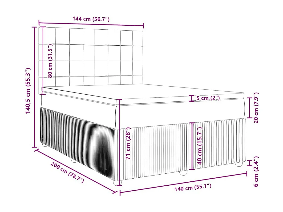 Cama box spring con colchón terciopelo gris claro 140x200 cm